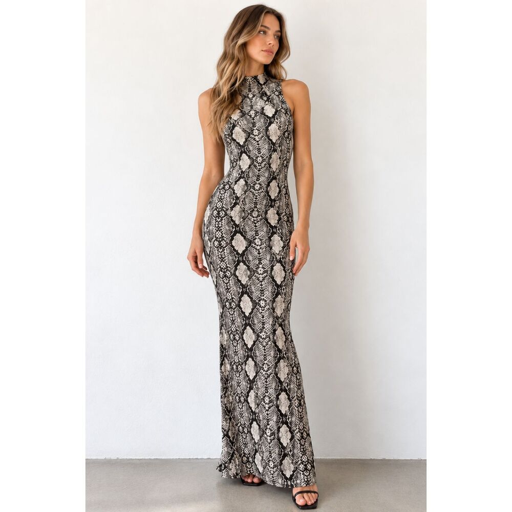 Caution to the Wind Snake Print Bodycon Maxi Dress Women’s S High Neck Y2K
